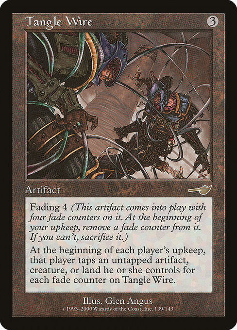Fading 4 (This artifact enters the battlefield with four fade counters on it. At the beginning of your upkeep, remove a fade counter from it. If you can't, sacrifice it.)
At the beginning of each player's upkeep, that player taps an untapped artifact, creature, or land they control for each fade counter on Tangle Wire.