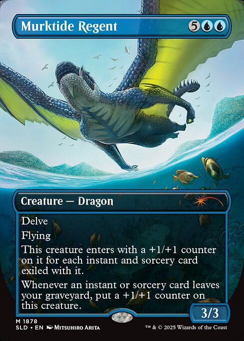 Delve (Each card you exile from your graveyard while casting this spell pays for {1}.)
Flying
This creature enters with a +1/+1 counter on it for each instant and sorcery card exiled with it.
Whenever an instant or sorcery card leaves your graveyard, put a +1/+1 counter on this creature.