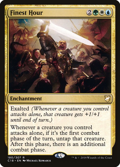 Exalted (Whenever a creature you control attacks alone, that creature gets +1/+1 until end of turn.)
Whenever a creature you control attacks alone, if it's the first combat phase of the turn, untap that creature. After this phase, there is an additional combat phase.