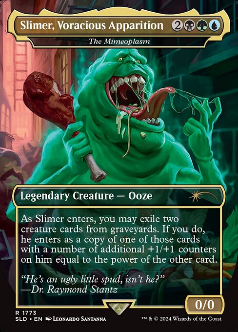 As The Mimeoplasm enters, you may exile two creature cards from graveyards. If you do, it enters as a copy of one of those cards with a number of additional +1/+1 counters on it equal to the power of the other card.