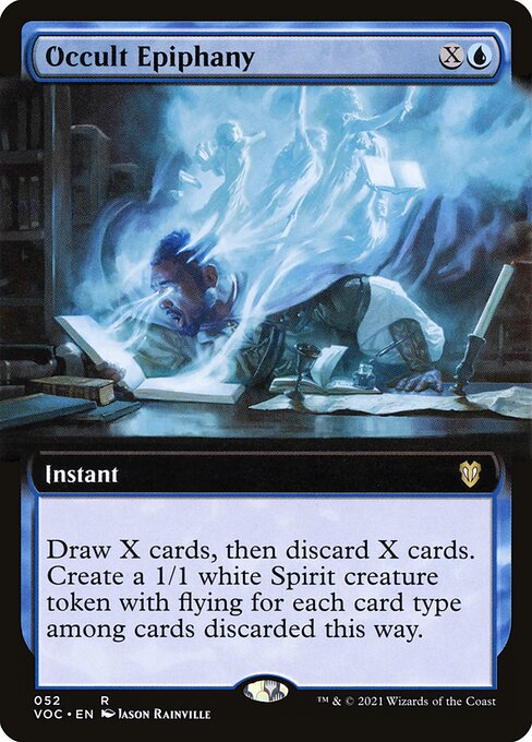 Draw X cards, then discard X cards. Create a 1/1 white Spirit creature token with flying for each card type among cards discarded this way.