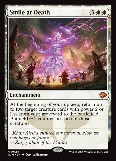 At the beginning of your upkeep, return up to two target creature cards with power 2 or less from your graveyard to the battlefield. Put a +1/+1 counter on each of those creatures.
