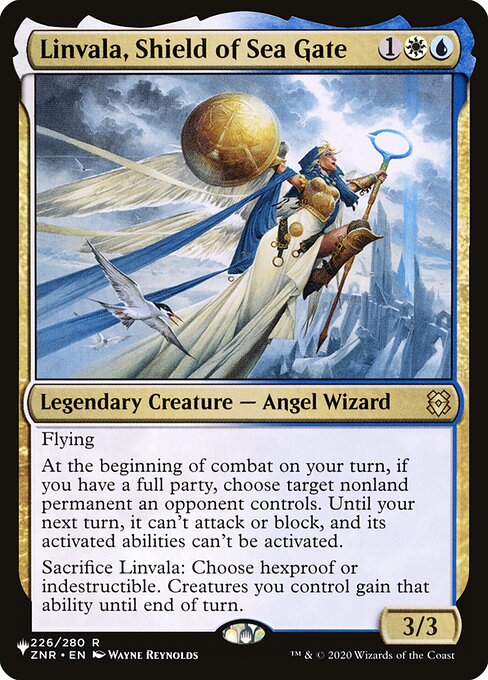 Flying
At the beginning of combat on your turn, if you have a full party, choose target nonland permanent an opponent controls. Until your next turn, it can't attack or block, and its activated abilities can't be activated.
Sacrifice Linvala: Choose hexproof or indestructible. Creatures you control gain that ability until end of turn.