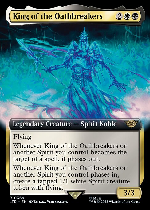 Flying
Whenever King of the Oathbreakers or another Spirit you control becomes the target of a spell, it phases out. (Treat it and anything attached to it as though they don't exist until your next turn.)
Whenever King of the Oathbreakers or another Spirit you control phases in, create a tapped 1/1 white Spirit creature token with flying.