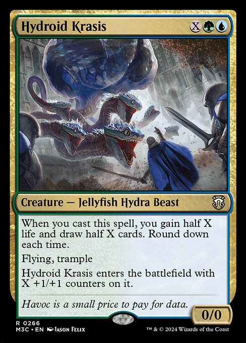 When you cast this spell, you gain half X life and draw half X cards. Round down each time.
Flying, trample
Hydroid Krasis enters with X +1/+1 counters on it.