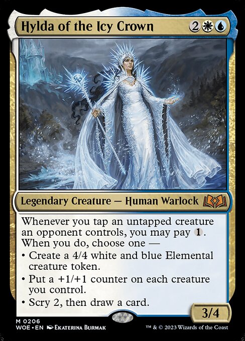 Whenever you tap an untapped creature an opponent controls, you may pay {1}. When you do, choose one —
• Create a 4/4 white and blue Elemental creature token.
• Put a +1/+1 counter on each creature you control.
• Scry 2, then draw a card.