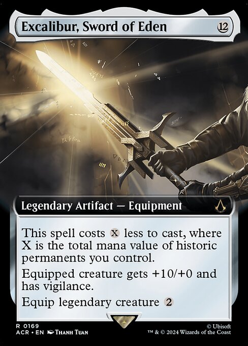 This spell costs {X} less to cast, where X is the total mana value of historic permanents you control. (Artifacts, legendaries, and Sagas are historic.)
Equipped creature gets +10/+0 and has vigilance.
Equip legendary creature {2}