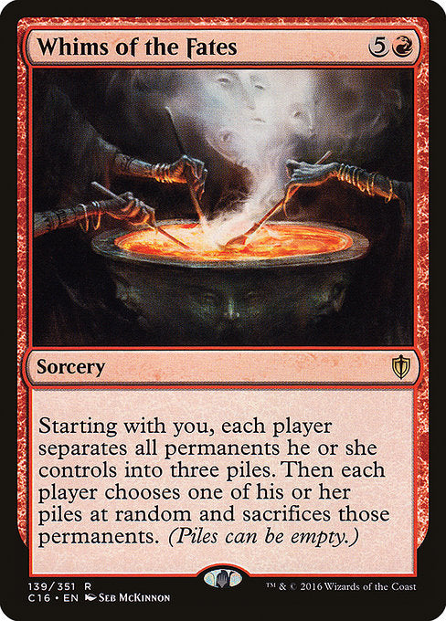 Starting with you, each player separates all permanents they control into three piles. Then each player chooses one of their piles at random and sacrifices those permanents. (Piles can be empty.)