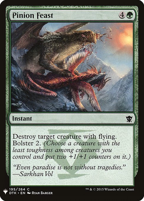 Destroy target creature with flying. Bolster 2. (Choose a creature with the least toughness among creatures you control and put two +1/+1 counters on it.)