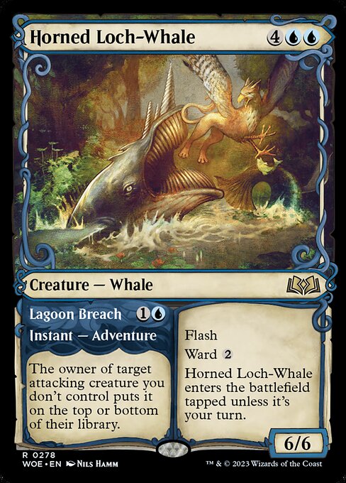 Flash
Ward {2}
Horned Loch-Whale enters the battlefield tapped unless it's your turn.   The owner of target attacking creature you don't control puts it on the top or bottom of their library.