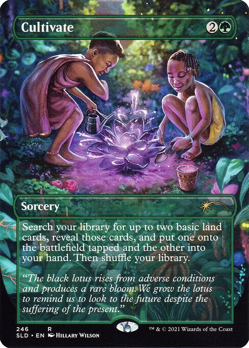Search your library for up to two basic land cards, reveal those cards, put one onto the battlefield tapped and the other into your hand, then shuffle.