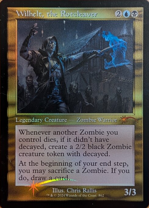 Whenever another Zombie you control dies, if it didn't have decayed, create a 2/2 black Zombie creature token with decayed. (It can't block. When it attacks, sacrifice it at end of combat.)
At the beginning of your end step, you may sacrifice a Zombie. If you do, draw a card.