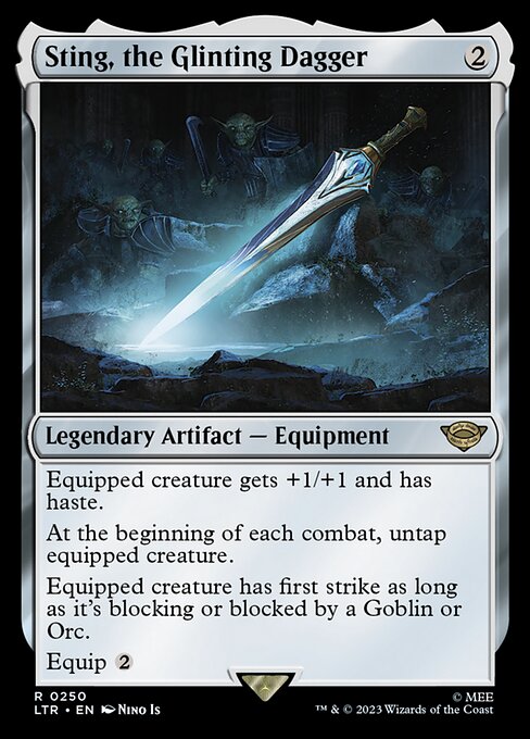 Equipped creature gets +1/+1 and has haste.
At the beginning of each combat, untap equipped creature.
Equipped creature has first strike as long as it's blocking or blocked by a Goblin or Orc.
Equip {2}