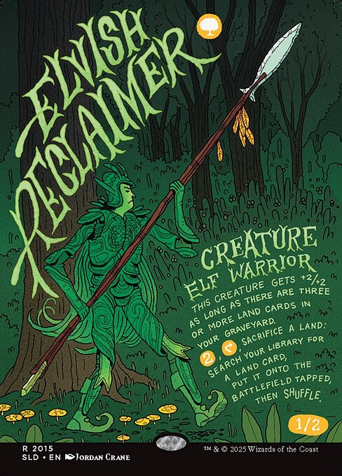 This creature gets +2/+2 as long as there are three or more land cards in your graveyard.
{2}, {T}, Sacrifice a land: Search your library for a land card, put it onto the battlefield tapped, then shuffle.
