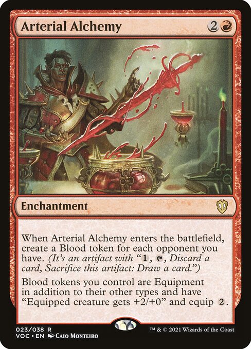 When Arterial Alchemy enters the battlefield, create a Blood token for each opponent you have. (It's an artifact with "{1}, {T}, Discard a card, Sacrifice this artifact: Draw a card.")
Blood tokens you control are Equipment in addition to their other types and have "Equipped creature gets +2/+0" and equip {2}.