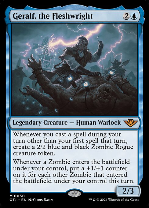 Whenever you cast a spell during your turn other than your first spell that turn, create a 2/2 blue and black Zombie Rogue creature token.
Whenever a Zombie enters the battlefield under your control, put a +1/+1 counter on it for each other Zombie that entered the battlefield under your control this turn.