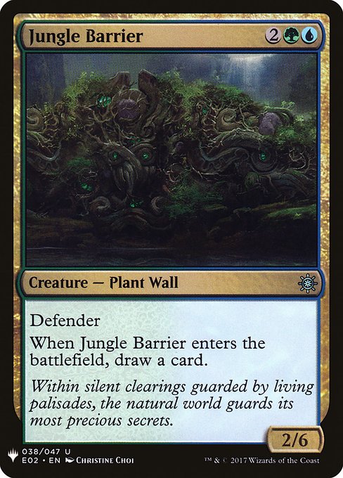 Defender (This creature can't attack.)
When Jungle Barrier enters the battlefield, draw a card.