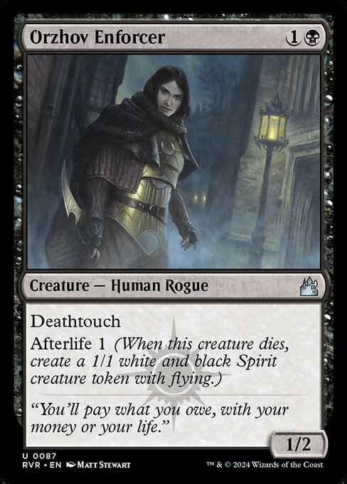 Deathtouch
Afterlife 1 (When this creature dies, create a 1/1 white and black Spirit creature token with flying.)