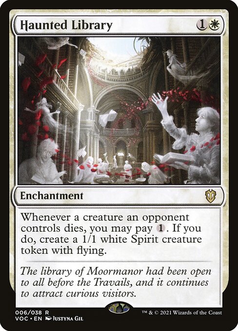 Whenever a creature an opponent controls dies, you may pay {1}. If you do, create a 1/1 white Spirit creature token with flying.
