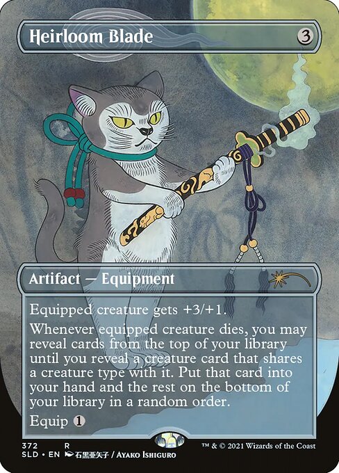 Equipped creature gets +3/+1.
Whenever equipped creature dies, you may reveal cards from the top of your library until you reveal a creature card that shares a creature type with it. Put that card into your hand and the rest on the bottom of your library in a random order.
Equip {1}