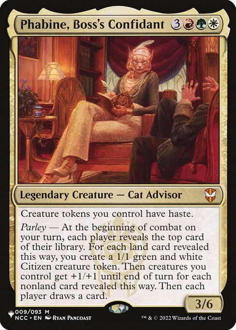 Creature tokens you control have haste.
Parley — At the beginning of combat on your turn, each player reveals the top card of their library. For each land card revealed this way, you create a 1/1 green and white Citizen creature token. Then creatures you control get +1/+1 until end of turn for each nonland card revealed this way. Then each player draws a card.