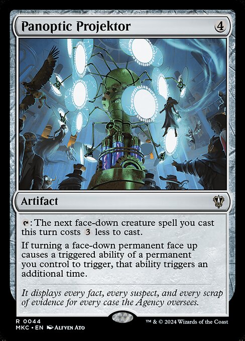 {T}: The next face-down creature spell you cast this turn costs {3} less to cast.
If turning a face-down permanent face up causes a triggered ability of a permanent you control to trigger, that ability triggers an additional time.