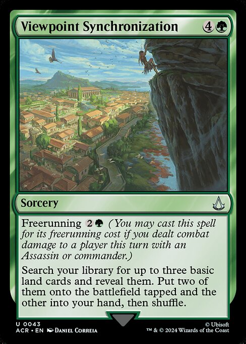 Freerunning {2}{G} (You may cast this spell for its freerunning cost if you dealt combat damage to a player this turn with an Assassin or commander.)
Search your library for up to three basic land cards and reveal them. Put two of them onto the battlefield tapped and the other into your hand, then shuffle.