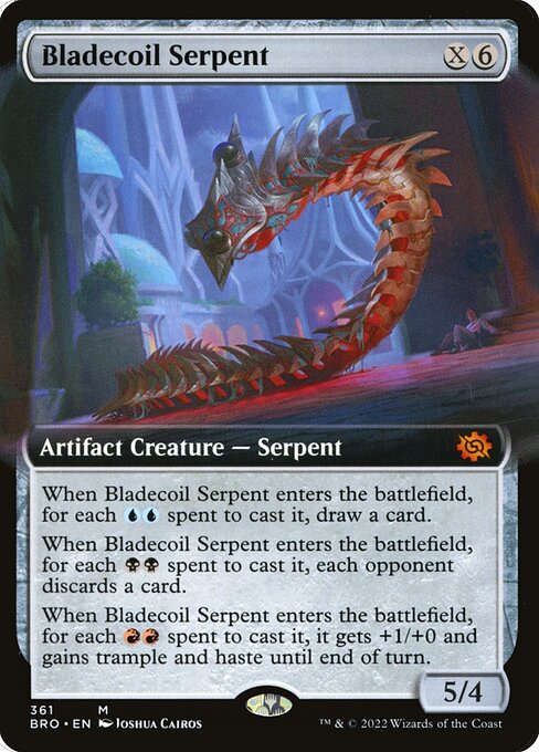 When Bladecoil Serpent enters the battlefield, for each {U}{U} spent to cast it, draw a card.
When Bladecoil Serpent enters the battlefield, for each {B}{B} spent to cast it, each opponent discards a card.
When Bladecoil Serpent enters the battlefield, for each {R}{R} spent to cast it, it gets +1/+0 and gains trample and haste until end of turn.