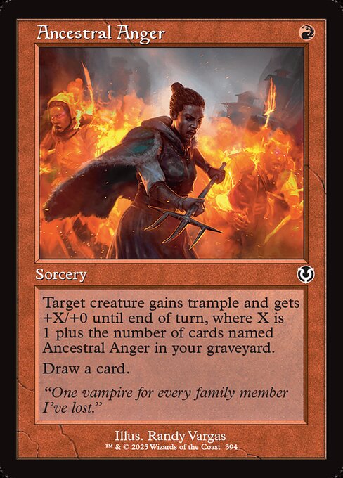 Target creature gains trample and gets +X/+0 until end of turn, where X is 1 plus the number of cards named Ancestral Anger in your graveyard.
Draw a card.