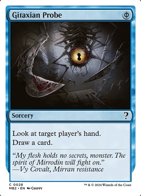 ({U/P} can be paid with either {U} or 2 life.)
Look at target player's hand.
Draw a card.
