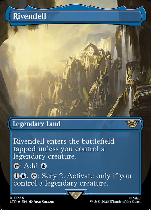Rivendell enters the battlefield tapped unless you control a legendary creature.
{T}: Add {U}.
{1}{U}, {T}: Scry 2. Activate only if you control a legendary creature.