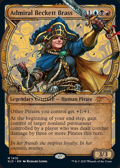 Other Pirates you control get +1/+1.
At the beginning of your end step, gain control of target nonland permanent controlled by a player who was dealt combat damage by three or more Pirates this turn.
