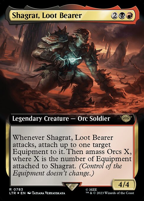 Whenever Shagrat, Loot Bearer attacks, attach up to one target Equipment to it. Then amass Orcs X, where X is the number of Equipment attached to Shagrat. (Control of the Equipment doesn't change. To amass Orcs X, put X +1/+1 counters on an Army you control. It's also an Orc. If you don't control an Army, create a 0/0 black Orc Army creature token first.)