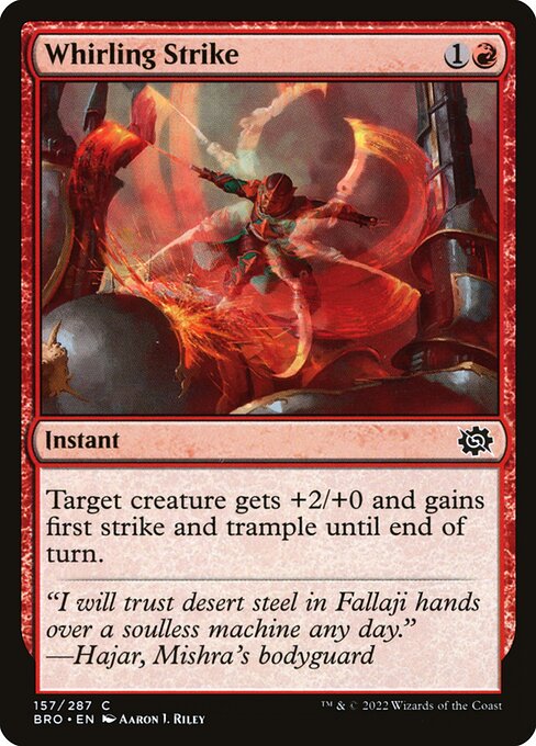 Target creature gets +2/+0 and gains first strike and trample until end of turn.