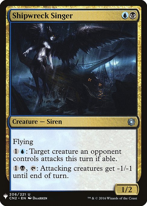 Flying
{1}{U}: Target creature an opponent controls attacks this turn if able.
{1}{B}, {T}: Attacking creatures get -1/-1 until end of turn.