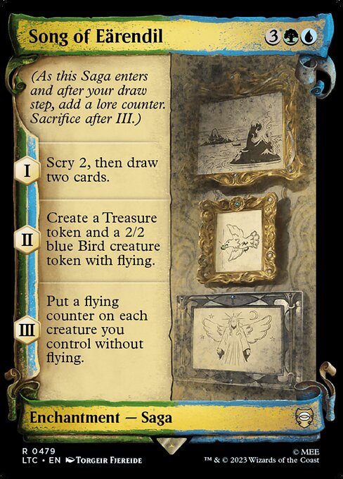 (As this Saga enters and after your draw step, add a lore counter. Sacrifice after III.)
I — Scry 2, then draw two cards.
II — Create a Treasure token and a 2/2 blue Bird creature token with flying.
III — Put a flying counter on each creature you control without flying.