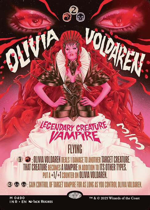 Flying
{1}{R}: Olivia Voldaren deals 1 damage to another target creature. That creature becomes a Vampire in addition to its other types. Put a +1/+1 counter on Olivia Voldaren.
{3}{B}{B}: Gain control of target Vampire for as long as you control Olivia Voldaren.