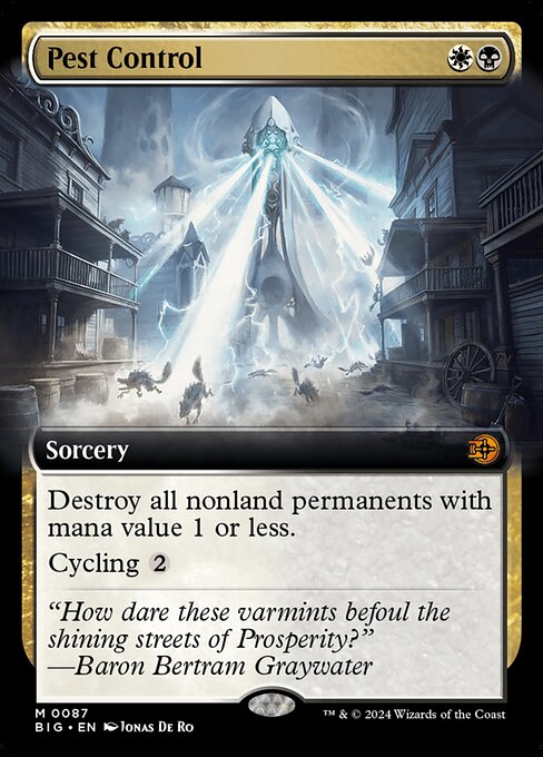 Destroy all nonland permanents with mana value 1 or less.
Cycling {2} ({2}, Discard this card: Draw a card.)