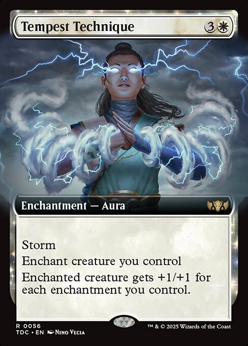 Storm (When you cast this spell, copy it for each spell cast before it this turn. You may choose new targets for the copies. Copies become tokens.)
Enchant creature you control
Enchanted creature gets +1/+1 for each enchantment you control.