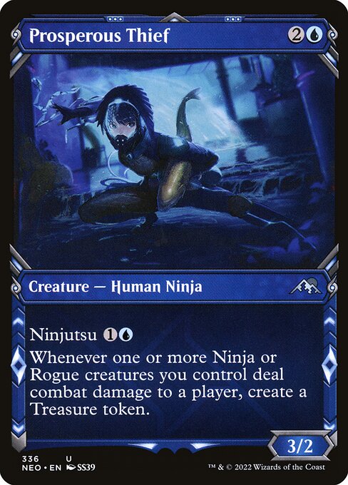 Ninjutsu {1}{U} ({1}{U}, Return an unblocked attacker you control to hand: Put this card onto the battlefield from your hand tapped and attacking.)
Whenever one or more Ninja or Rogue creatures you control deal combat damage to a player, create a Treasure token. (It's an artifact with "{T}, Sacrifice this artifact: Add one mana of any color.")