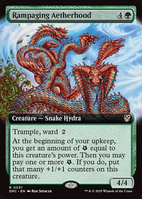 Trample, ward {2}
At the beginning of your upkeep, you get an amount of {E} (energy counters) equal to this creature's power. Then you may pay one or more {E}. If you do, put that many +1/+1 counters on this creature.