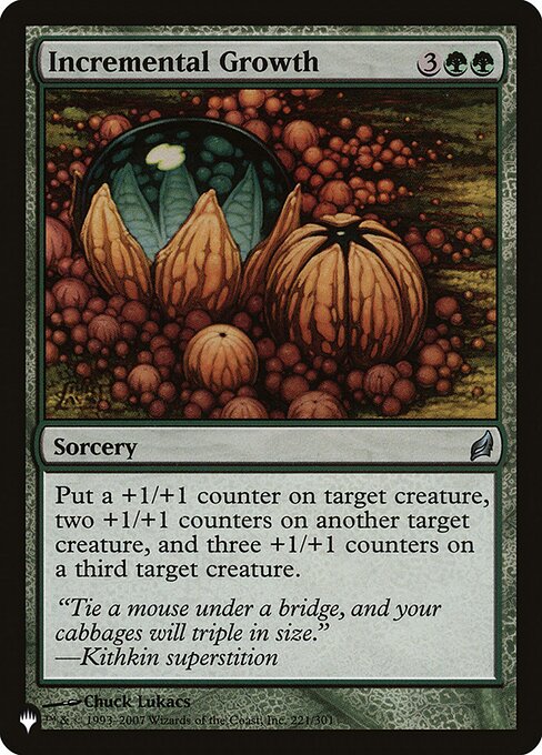 Put a +1/+1 counter on target creature, two +1/+1 counters on another target creature, and three +1/+1 counters on a third target creature.