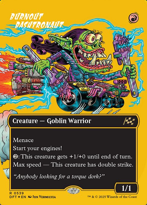 Menace
Start your engines! (If you have no speed, it starts at 1. It increases once on each of your turns when an opponent loses life. Max speed is 4.)
{2}: This creature gets +1/+0 until end of turn.
Max speed — This creature has double strike.