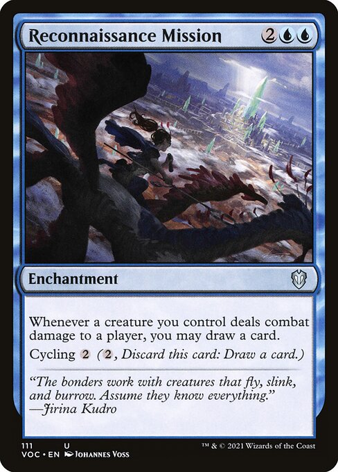 Whenever a creature you control deals combat damage to a player, you may draw a card.
Cycling {2} ({2}, Discard this card: Draw a card.)