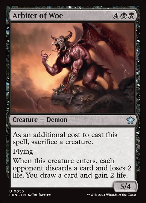 As an additional cost to cast this spell, sacrifice a creature.
Flying
When this creature enters, each opponent discards a card and loses 2 life. You draw a card and gain 2 life.