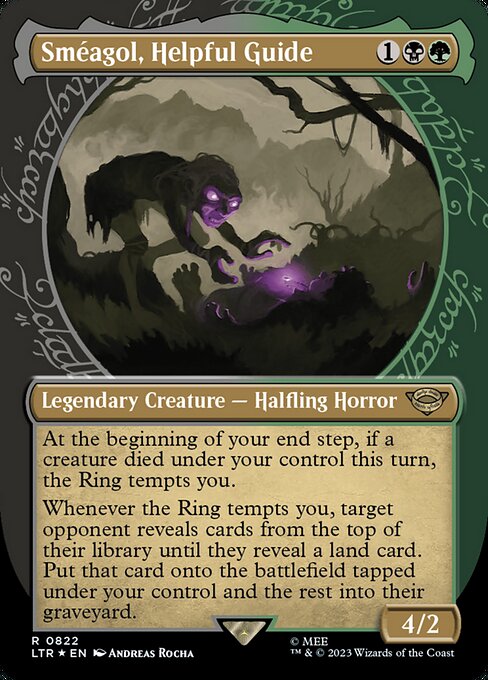 At the beginning of your end step, if a creature died under your control this turn, the Ring tempts you.
Whenever the Ring tempts you, target opponent reveals cards from the top of their library until they reveal a land card. Put that card onto the battlefield tapped under your control and the rest into their graveyard.