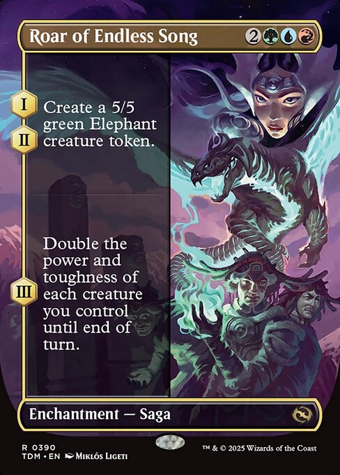 (As this Saga enters and after your draw step, add a lore counter. Sacrifice after III.)
I, II — Create a 5/5 green Elephant creature token.
III — Double the power and toughness of each creature you control until end of turn.