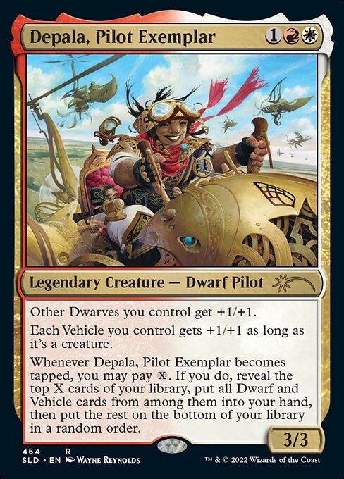 Other Dwarves you control get +1/+1.
Each Vehicle you control gets +1/+1 as long as it's a creature.
Whenever Depala, Pilot Exemplar becomes tapped, you may pay {X}. If you do, reveal the top X cards of your library, put all Dwarf and Vehicle cards from among them into your hand, then put the rest on the bottom of your library in a random order.