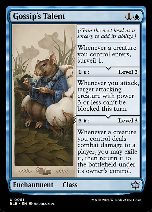 (Gain the next level as a sorcery to add its ability.)
Whenever a creature you control enters, surveil 1.
{1}{U}: Level 2
Whenever you attack, target attacking creature with power 3 or less can't be blocked this turn.
{3}{U}: Level 3
Whenever a creature you control deals combat damage to a player, you may exile it, then return it to the battlefield under its owner's control.