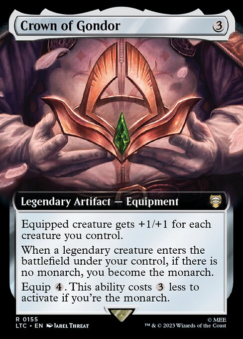Equipped creature gets +1/+1 for each creature you control.
When a legendary creature you control enters, if there is no monarch, you become the monarch.
Equip {4}. This ability costs {3} less to activate if you're the monarch.